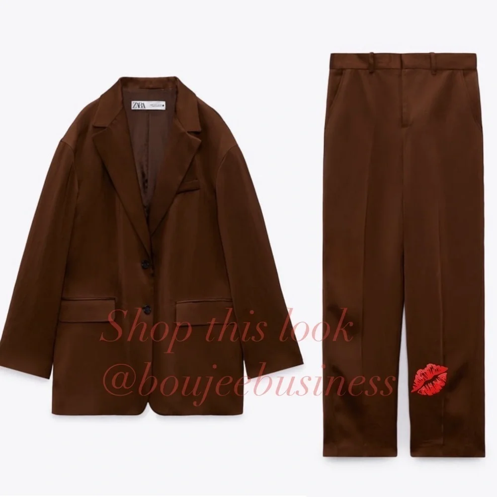 ZARA 2pcs Satin Effect Flowy Blazer + Pants Coord Set
